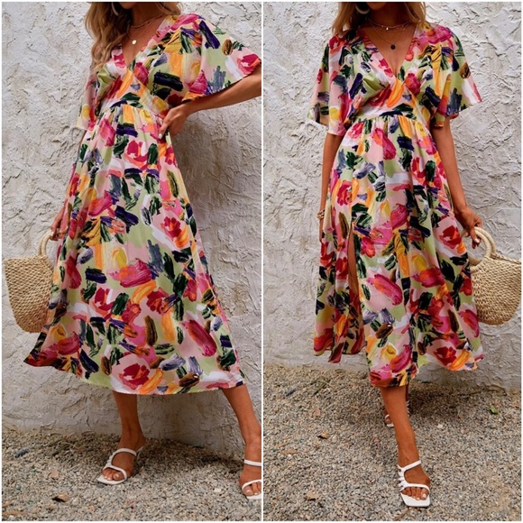 Boho Watercolor Split Thigh Maxi Dress - Picture 2 of 5
